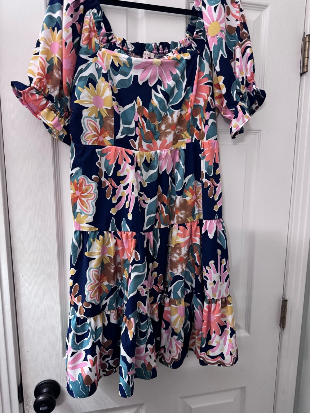 JODIFL Navy Floral Tiered Casual Dress with Pink, Yellow & Green Blooms